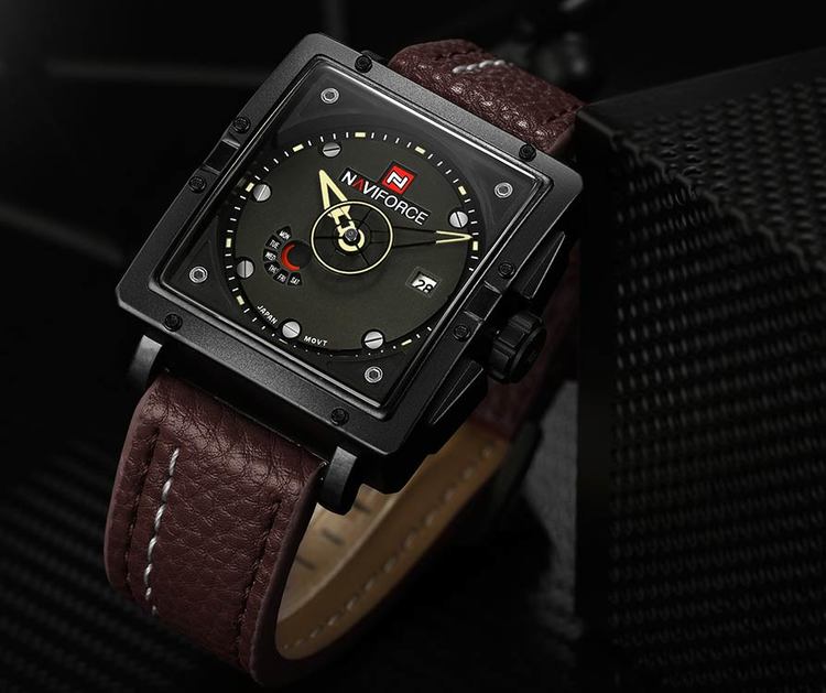 Herrklocka NaviForce Square. Black / Black. Leather Brown. Quartz. Japan