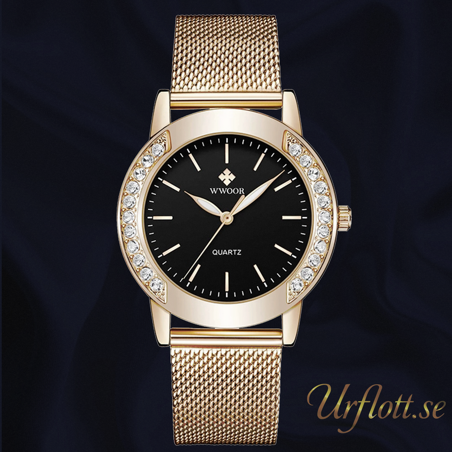 Wwoor Beauti Diamond. Rose / Black. Mesh Rose Japan Quartz