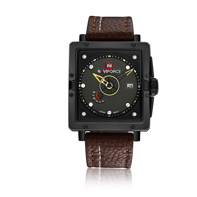 Herrklocka NaviForce Square.  Black / Black. Leather Brown. Quartz. Japan
