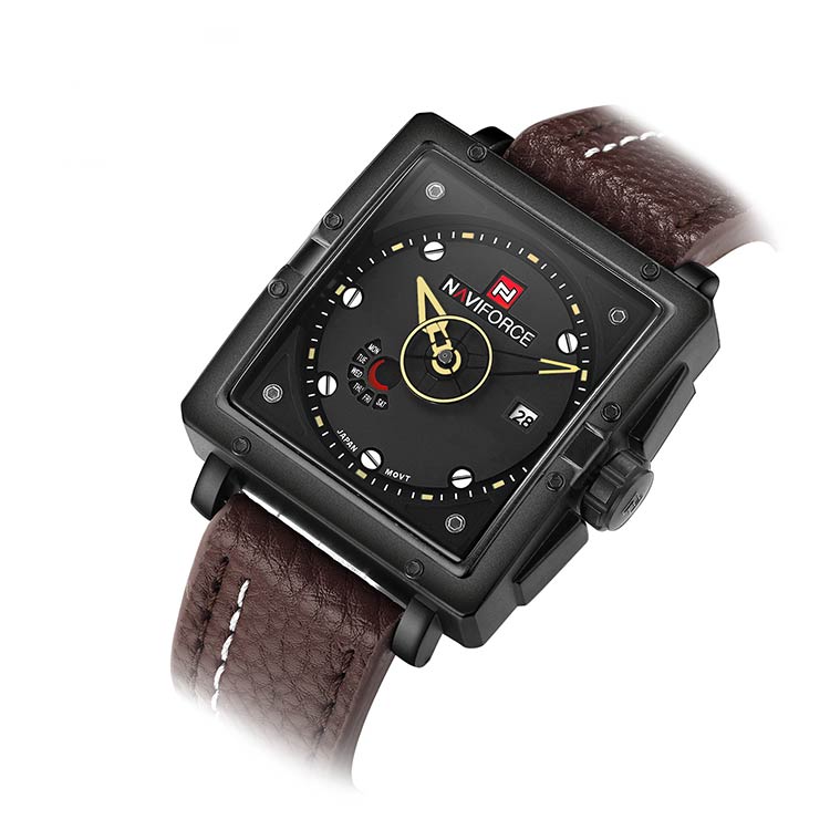 Herrklocka NaviForce Square.  Black / Black. Leather Brown. Quartz. Japan