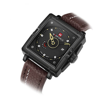 Herrklocka NaviForce Square.  Black / Black. Leather Brown. Quartz. Japan