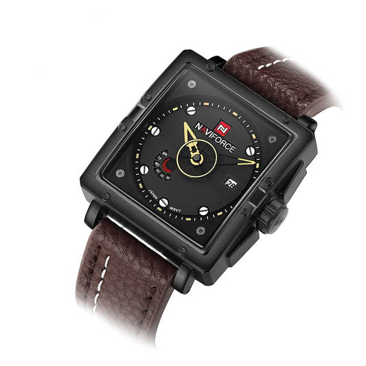 Herrklocka NaviForce Square.  Black / Black. Leather Brown. Quartz. Japan