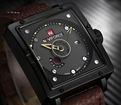 Herrklocka NaviForce Square.  Black / Black. Leather Brown. Quartz. Japan