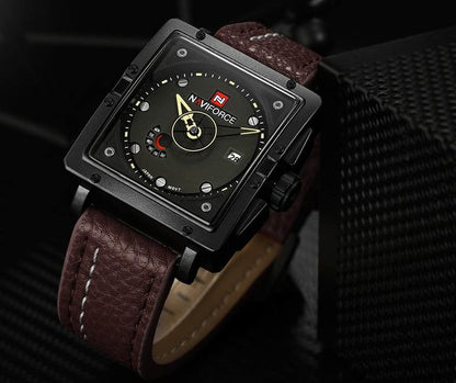 Herrklocka NaviForce Square.  Black / Black. Leather Brown. Quartz. Japan