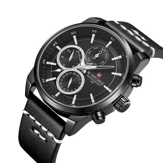 Herrklocka NaviForce Luxury. Black / Black / Leather Black. Quartz Japan