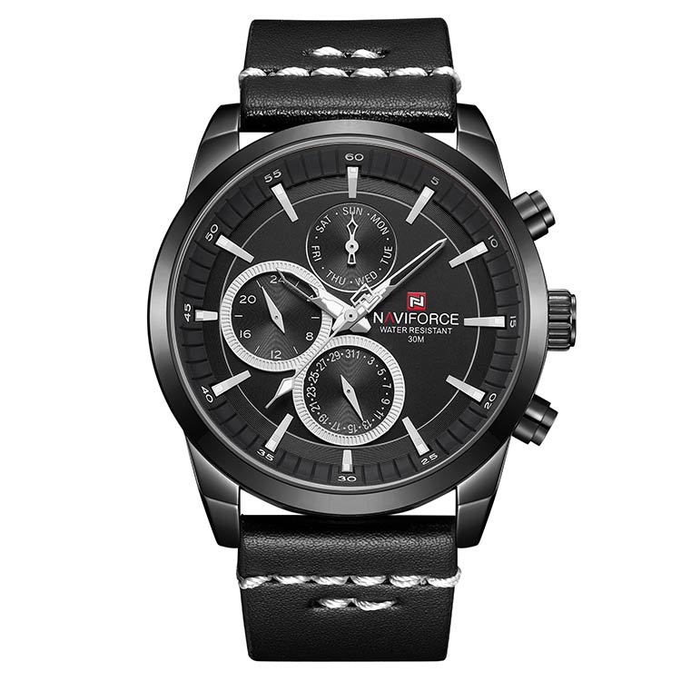 Herrklocka NaviForce Luxury. Black / Black / Leather Black. Quartz Japan