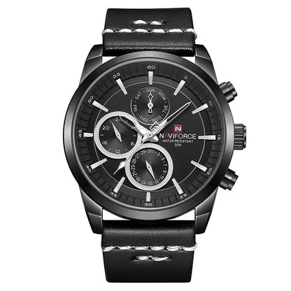 Herrklocka NaviForce Luxury. Black / Black / Leather Black. Quartz Japan