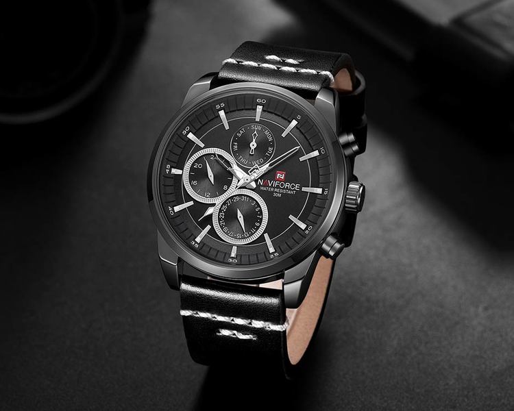 Herrklocka NaviForce Luxury. Black / Black / Leather Black. Quartz Japan