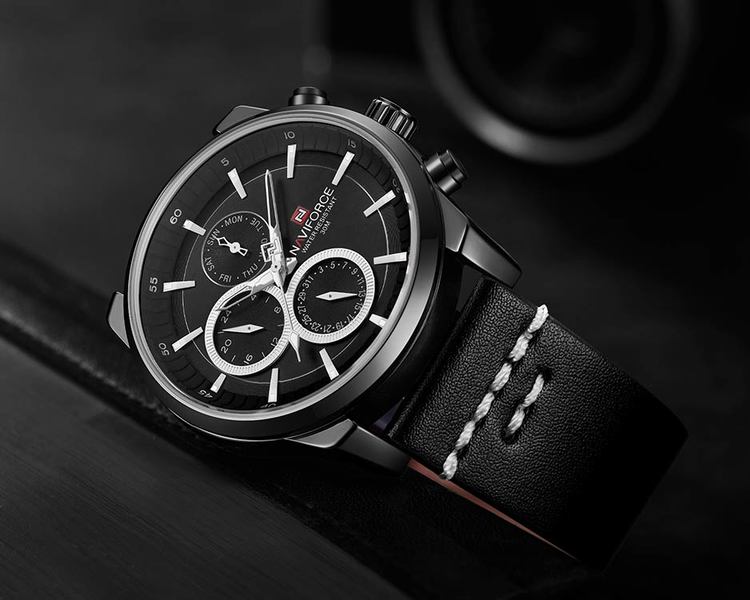 Herrklocka NaviForce Luxury. Black / Black / Leather Black. Quartz Japan