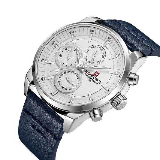 Herrklocka NaviForce Luxury. Steel / Silver / Leather Blue. Quartz Japan