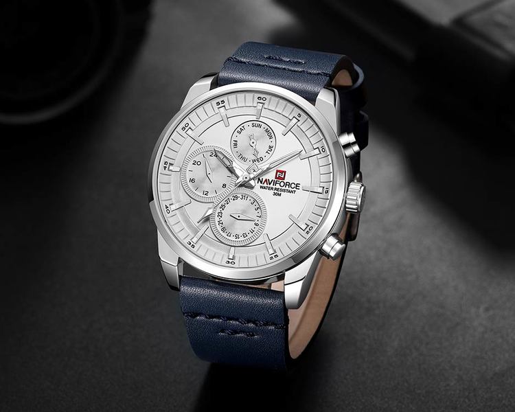 Herrklocka NaviForce Luxury. Steel / Silver / Leather Blue. Quartz Japan