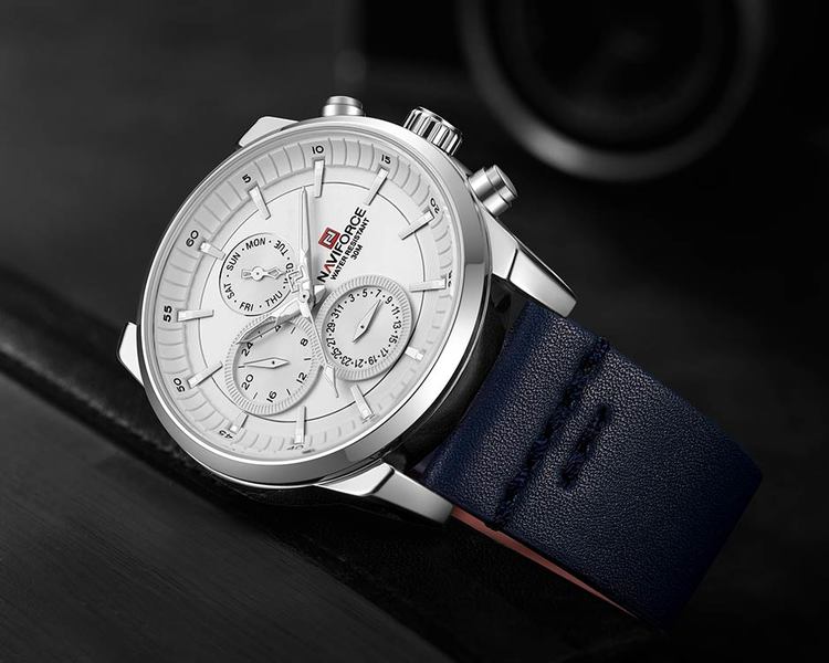 Herrklocka NaviForce Luxury. Steel / Silver / Leather Blue. Quartz Japan