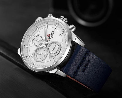 Herrklocka NaviForce Luxury. Steel / Silver / Leather Blue. Quartz Japan
