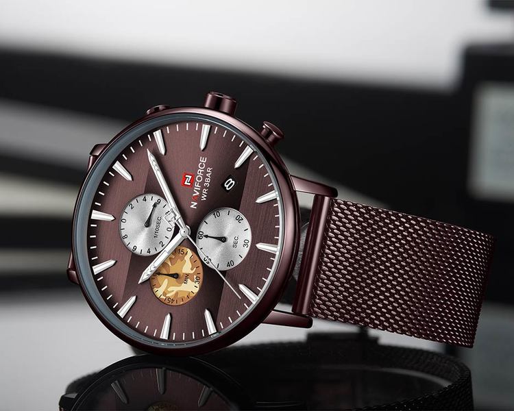 Herrklocka NaviForce Chrono. Brown / Brown. Mesh Brown. Quartz Japan