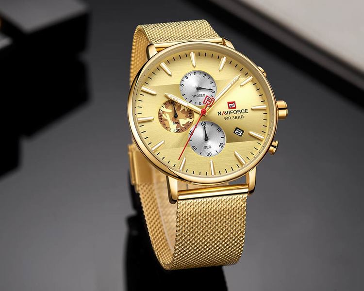 Herrklocka NaviForce Chrono. Gold / Gold. Mesh Gold. Quartz Japan