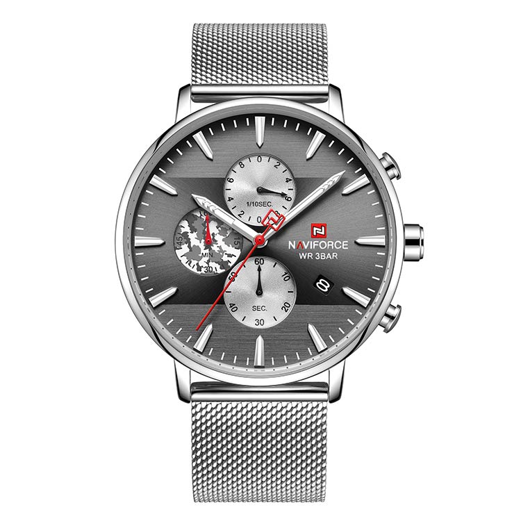 Herrklocka NaviForce Chrono.  Steel / Black. Mesh Steel. Quartz Japan