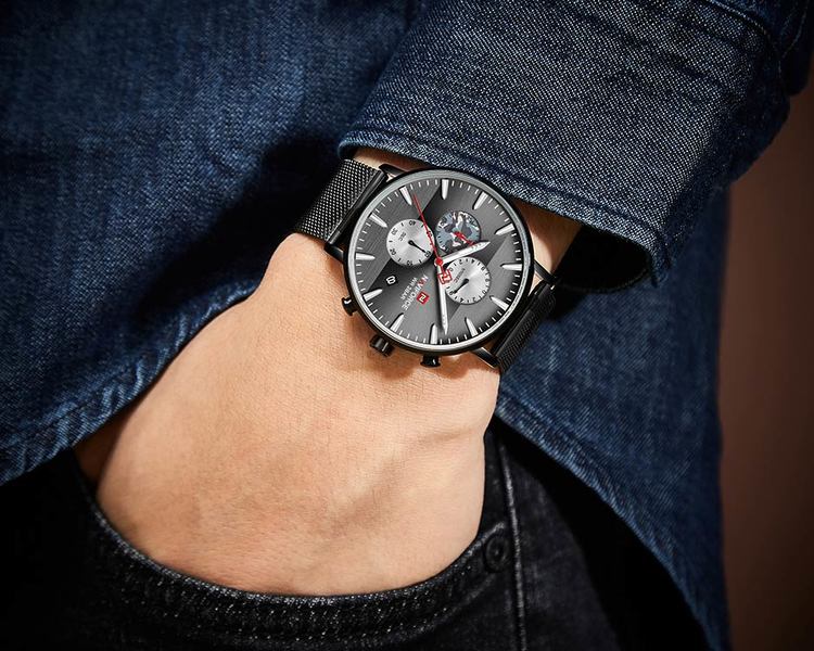 Herrklocka NaviForce Chrono.  Black / Black. Mesh Black. Quartz Japan
