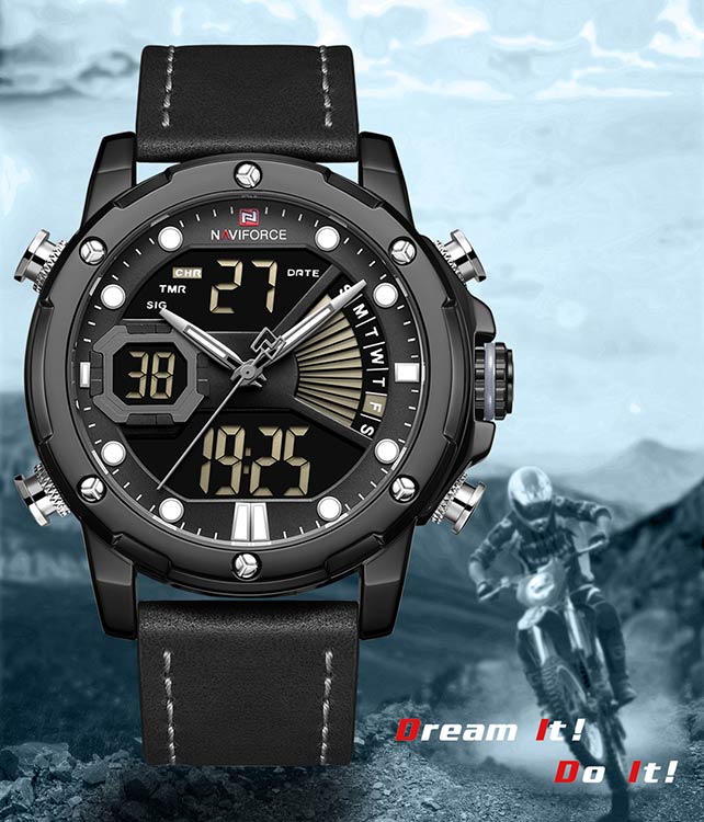 Herrklocka NaviForce Empire.  Black / Grey. Leather Black. Quartz. Japan