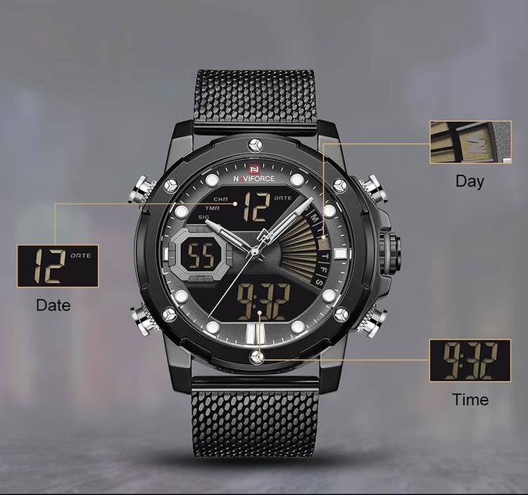 Herrklocka NaviForce Superb. Black / Grey. Mesh Black. Quartz Japan