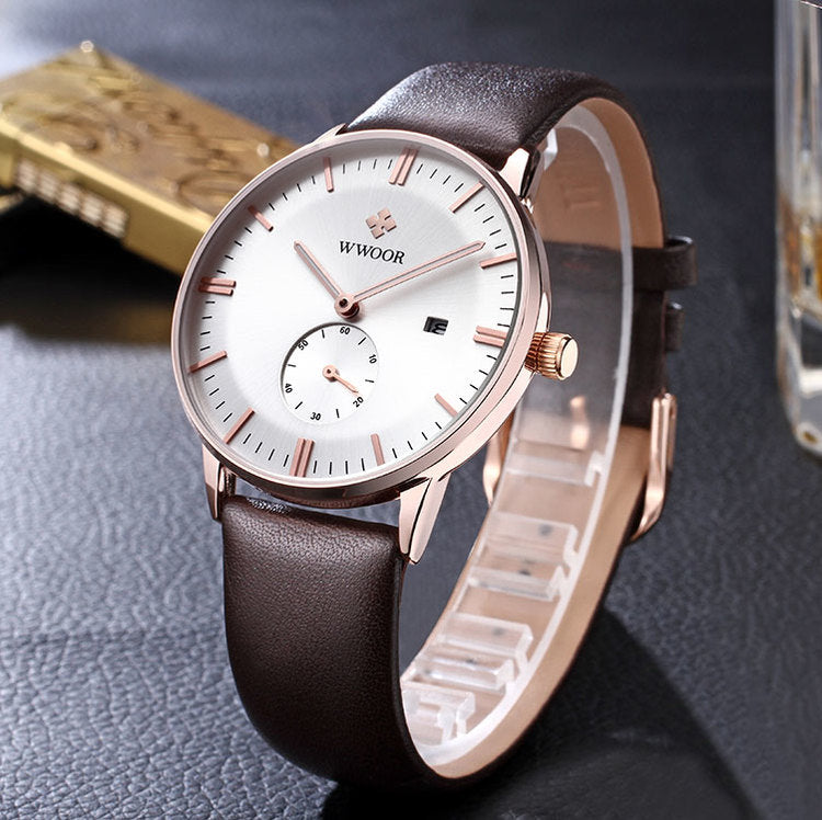 Herrklocka Wwoor Korfu. Rose / Silver. Leather Brown. Quartz Japan