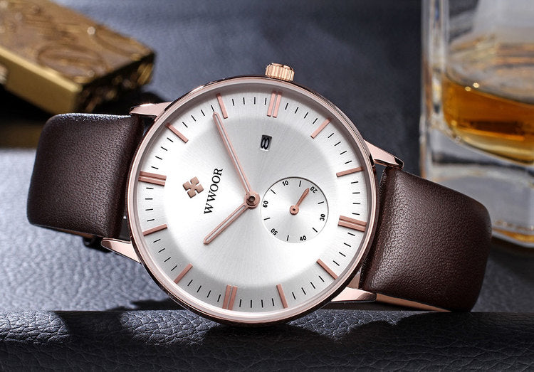 Herrklocka Wwoor Korfu. Rose / Silver. Leather Brown. Quartz Japan
