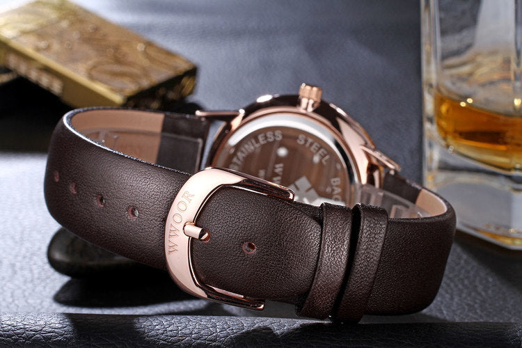 Herrklocka Wwoor Korfu. Rose / Silver. Leather Brown. Quartz Japan