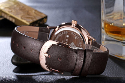 Herrklocka Wwoor Korfu. Rose / Silver. Leather Brown. Quartz Japan