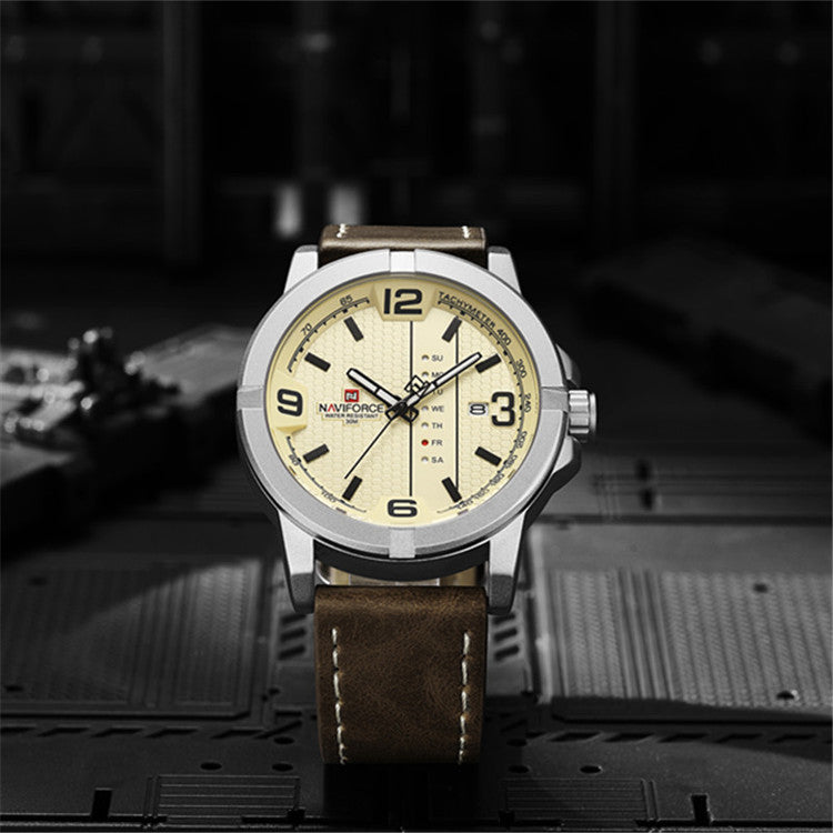 Herrklocka NaviForce Ibiza.  Steel / Beige. Leather Brown. Japan Quartz