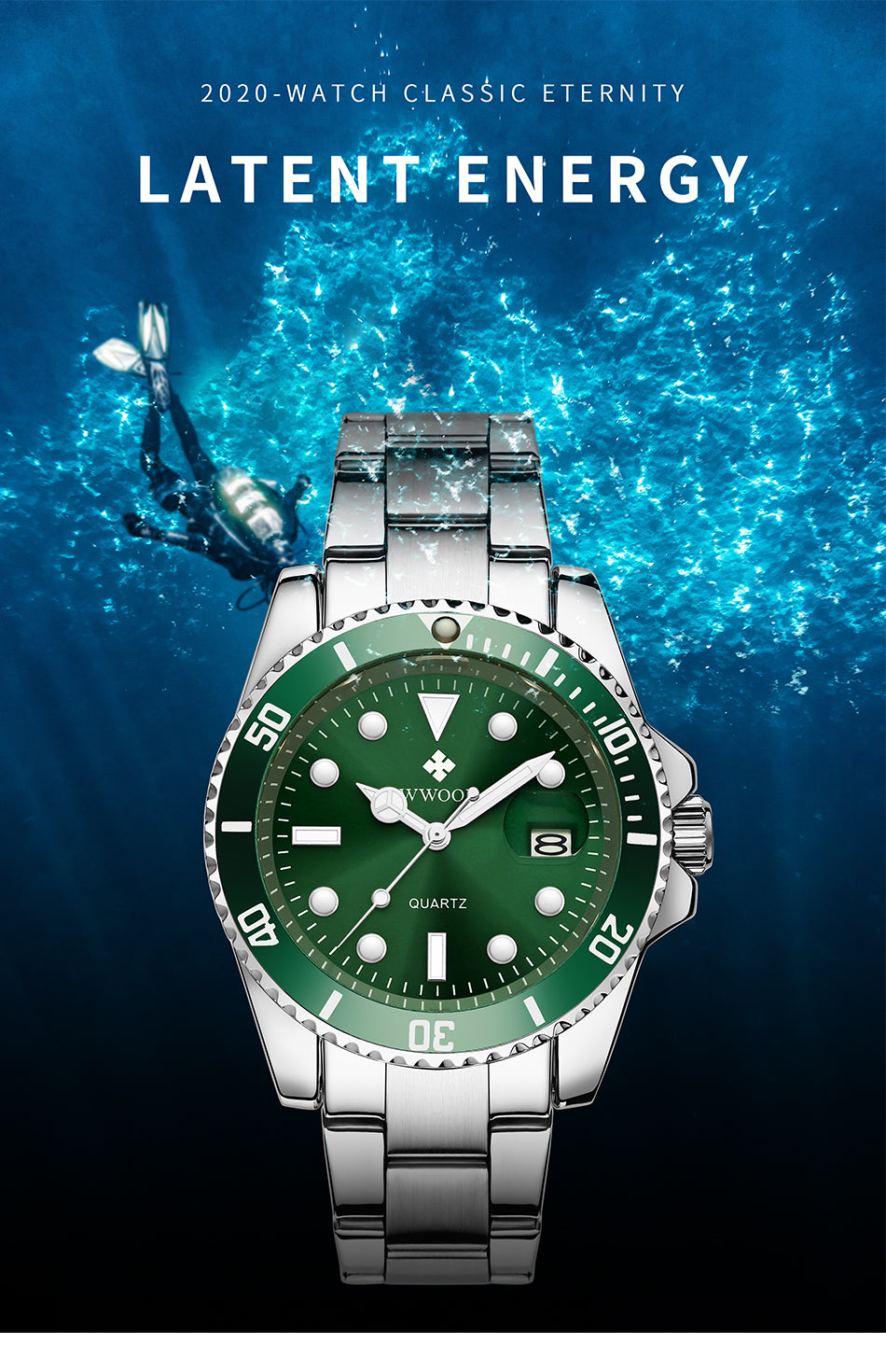 Herrklocka Wwoor Mariner, Steel / Green / Steel, Quartz Japan