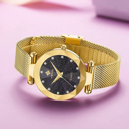 Wwoor Diamond Starry Sky. Dark purple / Gold. Mesh Gold. Japan Quartz