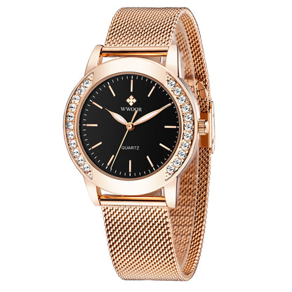 Wwoor Beauti Diamond. Rose / Black. Mesh Rose Japan Quartz