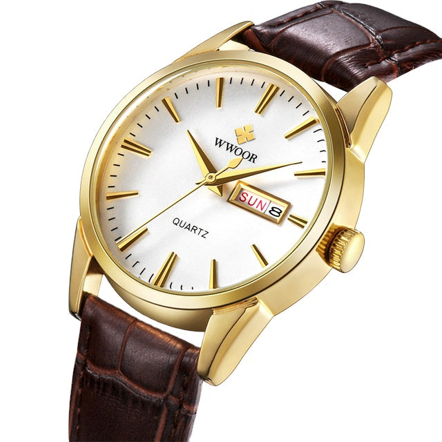 Herrklocka Wwoor Trend Gold / Silver / Brown Leather. Quartz Japan