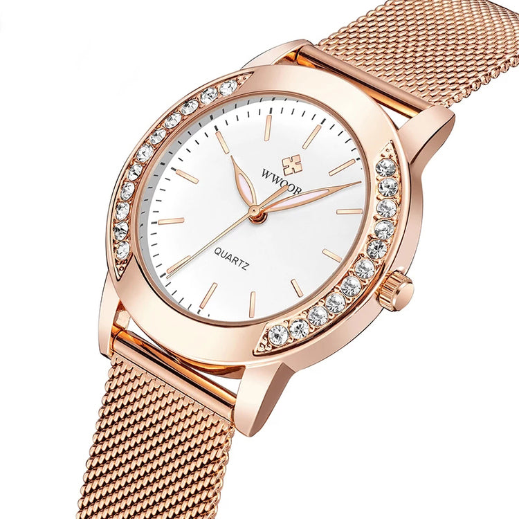 Wwoor Beauti Diamond. Rose / White. Mesh Rose. Japan Quartz