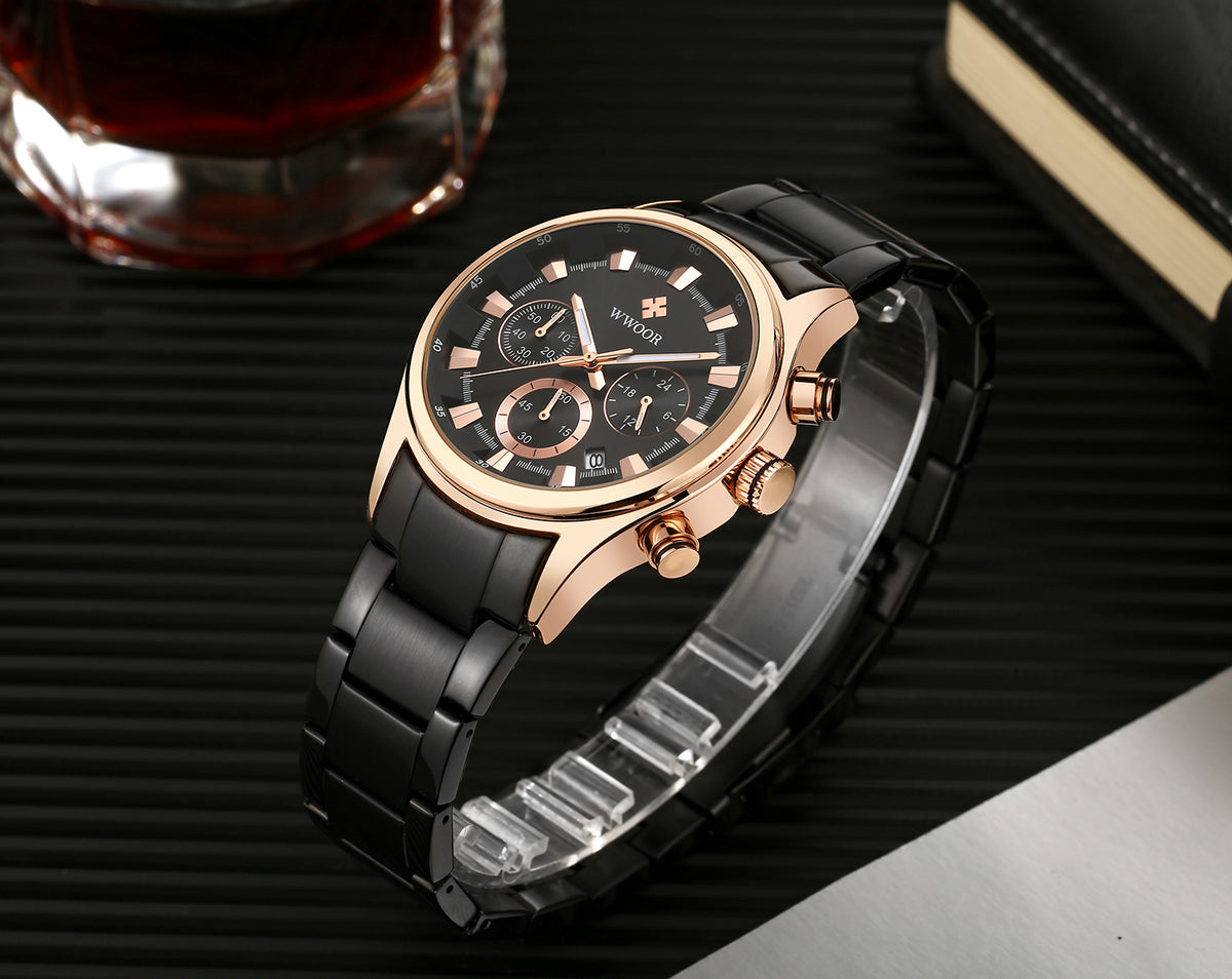 Herrklocka Wwoor Business Style Rose / Black / Black, Quartz Japan