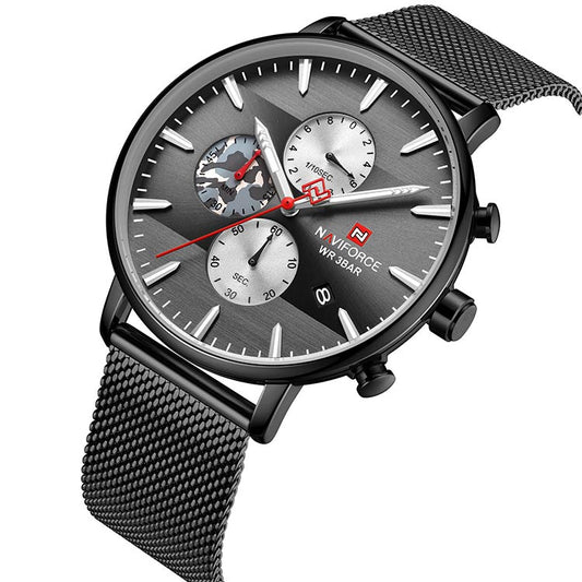 Herrklocka NaviForce Chrono.  Black / Black. Mesh Black. Quartz Japan