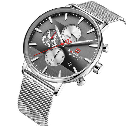 Herrklocka NaviForce Chrono.  Steel / Black. Mesh Steel. Quartz Japan