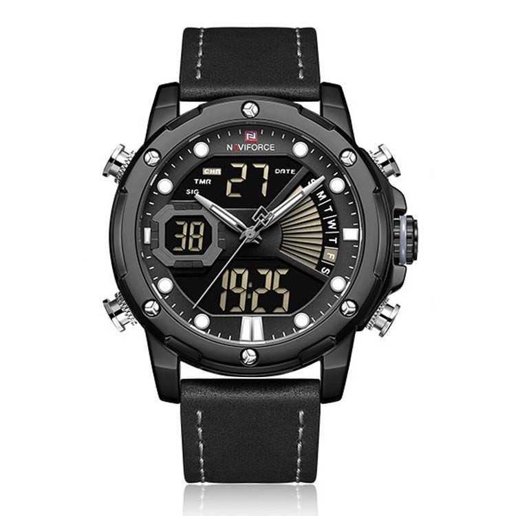 Herrklocka NaviForce Empire.  Black / Grey. Leather Black. Quartz. Japan
