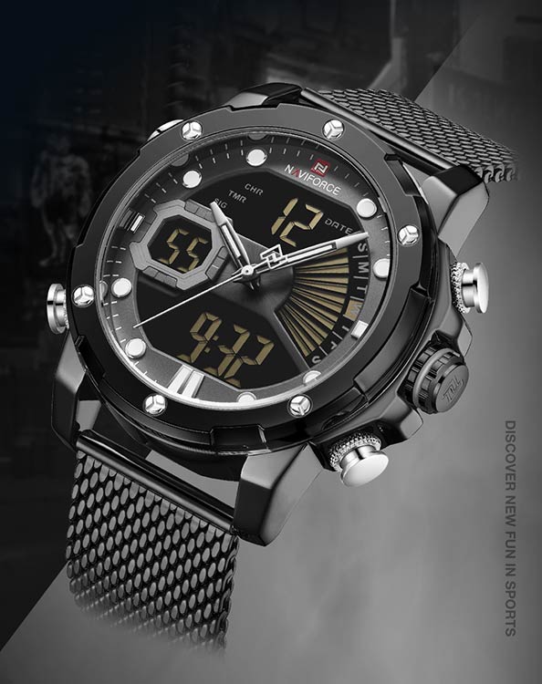 Herrklocka NaviForce Superb. Black / Grey. Mesh Black. Quartz Japan