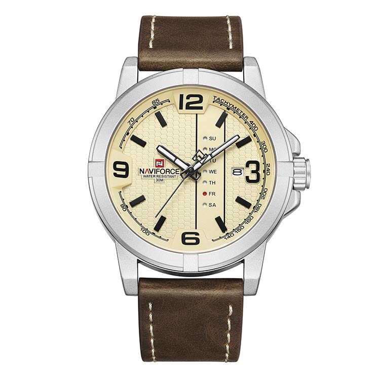 Herrklocka NaviForce Ibiza.  Steel / Beige. Leather Brown. Japan Quartz