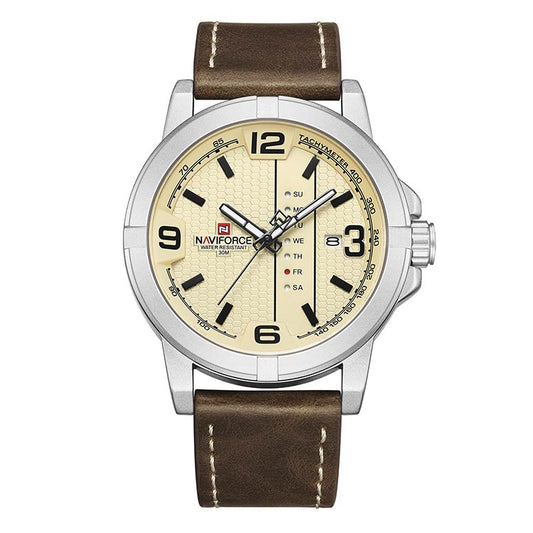 Herrklocka NaviForce Ibiza.  Steel / Beige. Leather Brown. Japan Quartz